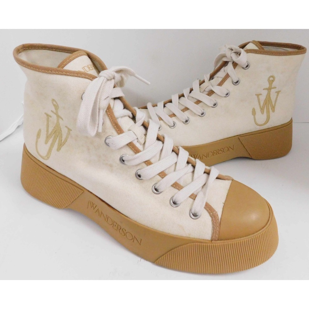 JW Anderson White Canvas High Top Chunky Trainers Tan Sole Embroidered sz 44